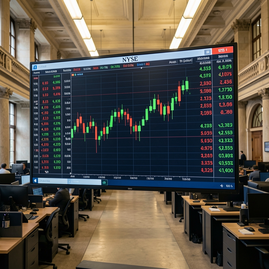 Цифровой экран с котировками NYSE, ярко-красные и зеленые свечи биржевых графиков