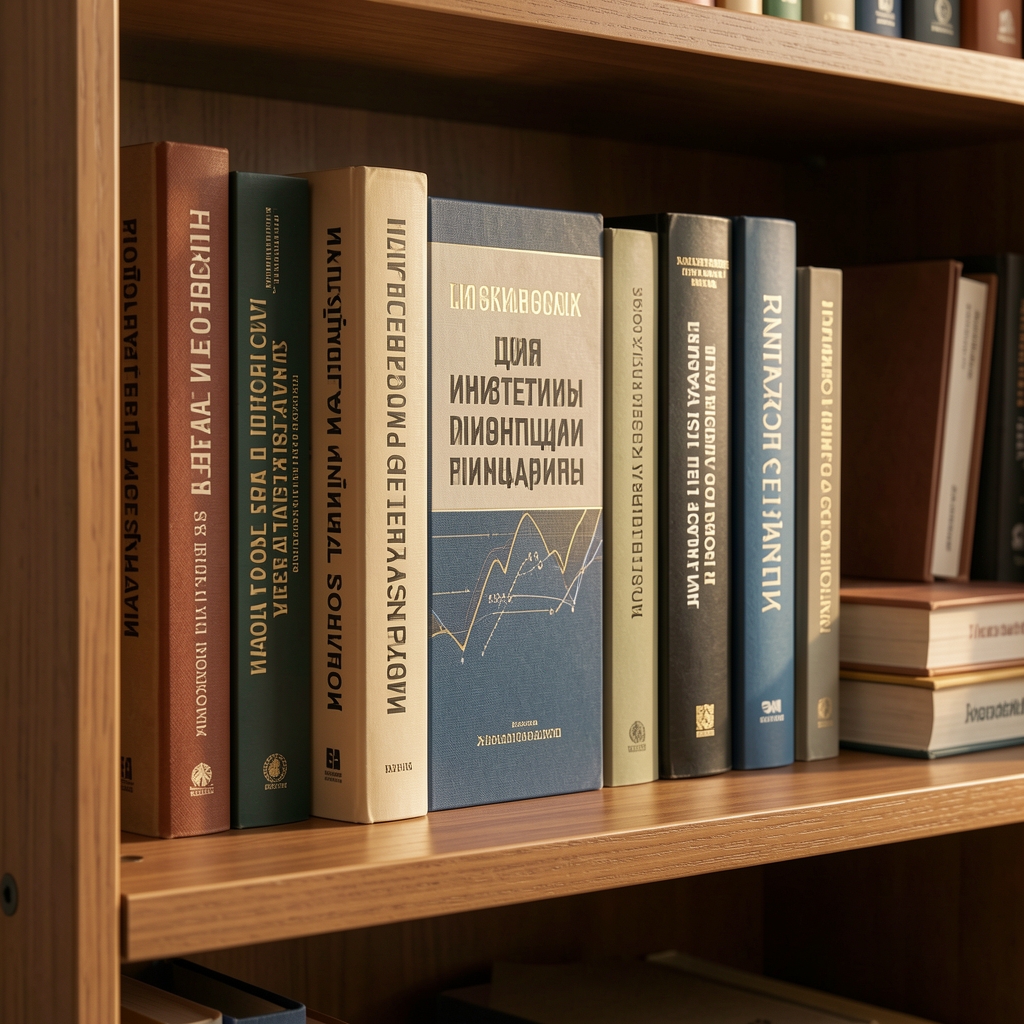 Книги по инвестициям и финансам на полке офисного кабинета, вид крупным планом, тёплое освещение